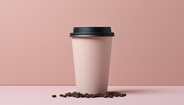 plain paper coffee cup at the top of coffee beans on pastel background