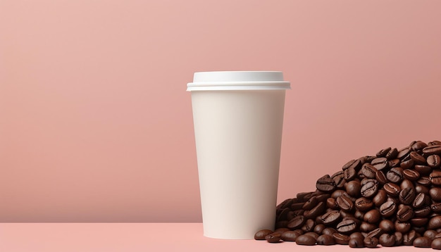 plain paper coffee cup at the top of coffee beans on pastel background