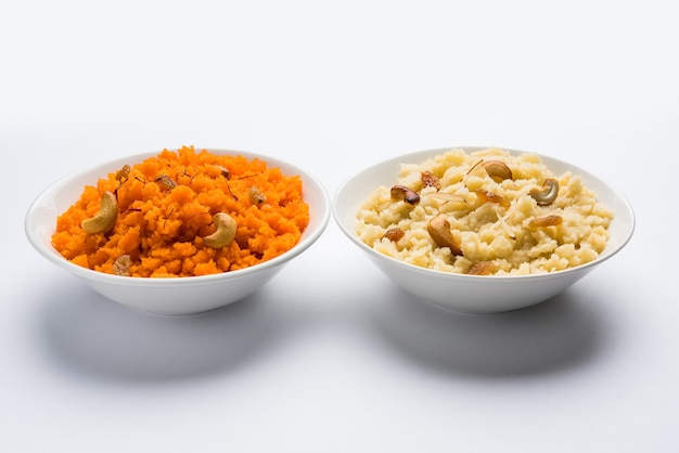 Plain or Saffron flavoured Semolina or Soji Halwa also known as Sweet Rava Sheera OR Shira - Indian festival sweet garnished with dry fruits. Served in a plate or Bowl, selective focus