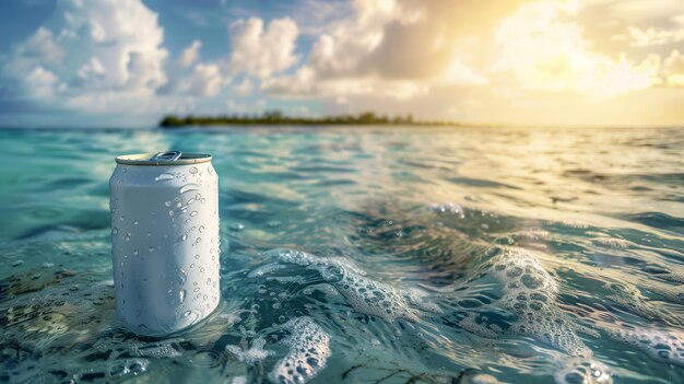 The plain softdrink can 330ml floating in the ocean with tropical islands in background