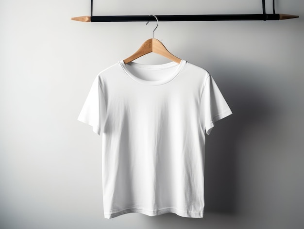 Photo a plain tshirt hanging in clothing rack generative ai