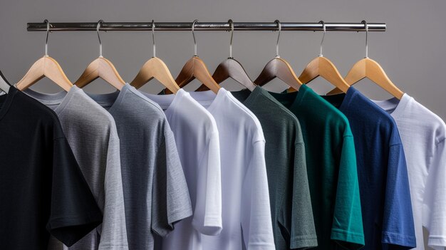 Plain tshirts of various colors are hung on the clothes rack