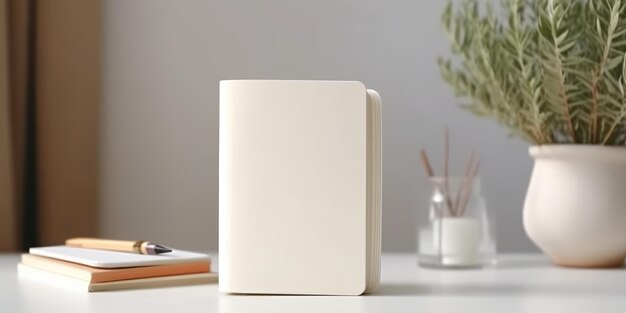 Plain white book cover mockup standing on a table