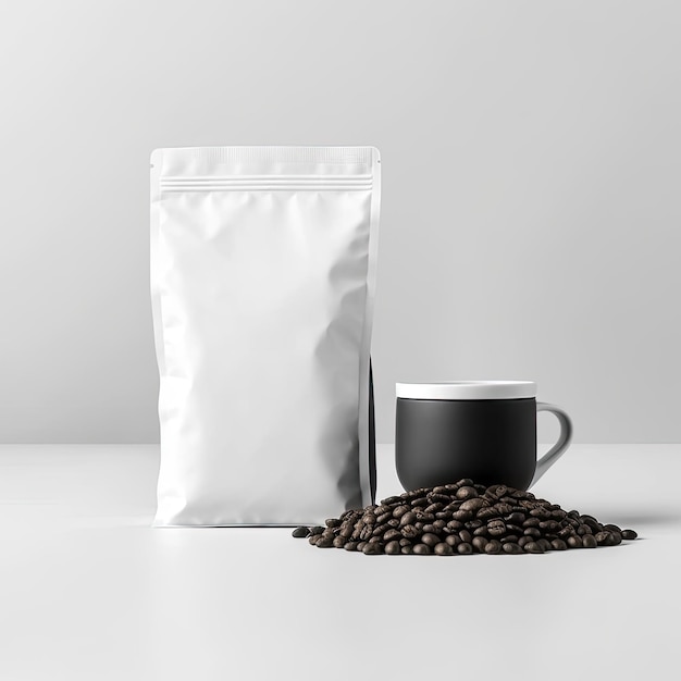 plain white coffee packaging for mockup with coffee beans on the side