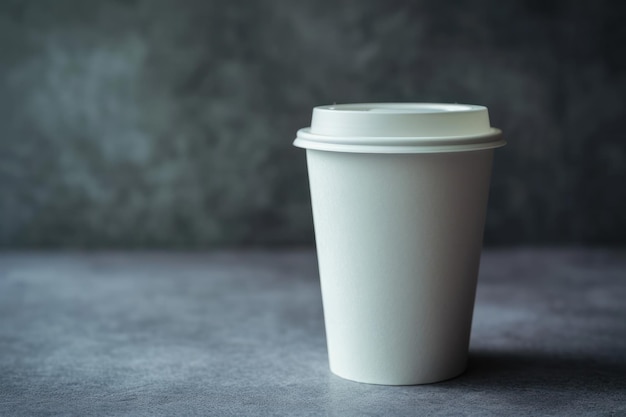 Plain white disposable coffee cup with lid on a textured grey countertop dark moody background