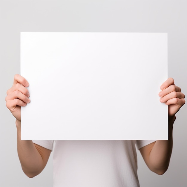 A plain white flat horizontal sheet of paper with hands up