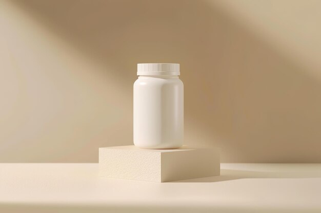 A plain white mockup bottle on a pedestal with a minimalistic beige background