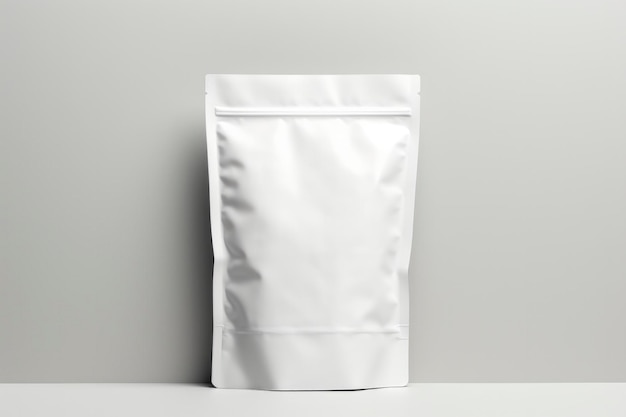 A plain white packaging pouch stands on a grey backdrop