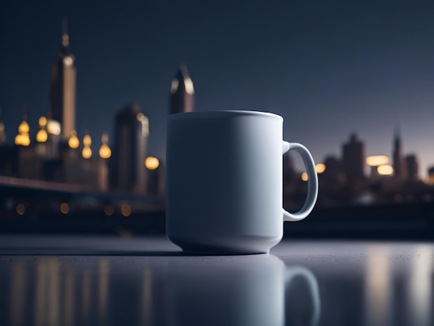 A plain white realistic mug mockup with a handle in a city background with wide angle full body