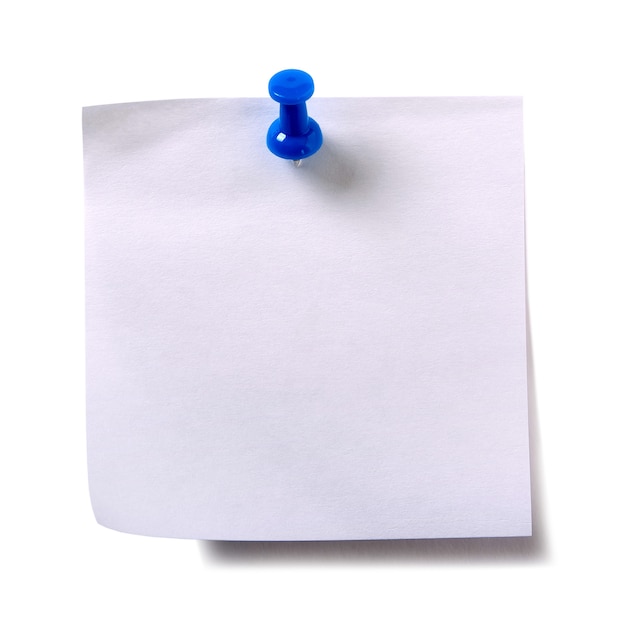 Plain white sticky post note with blue pushpin isolated 