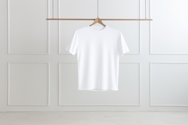 A plain white tshirt hanging in clothing rack