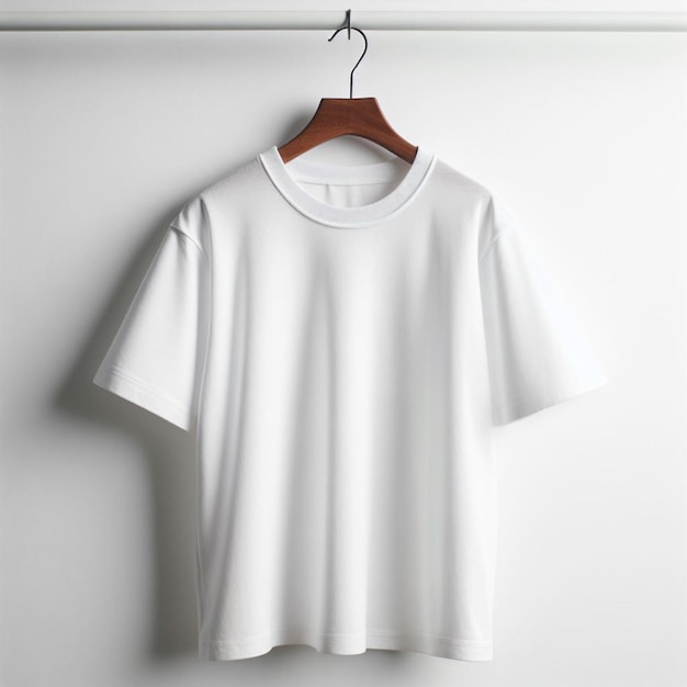 plain white tshirt hanging on a rack with a white background