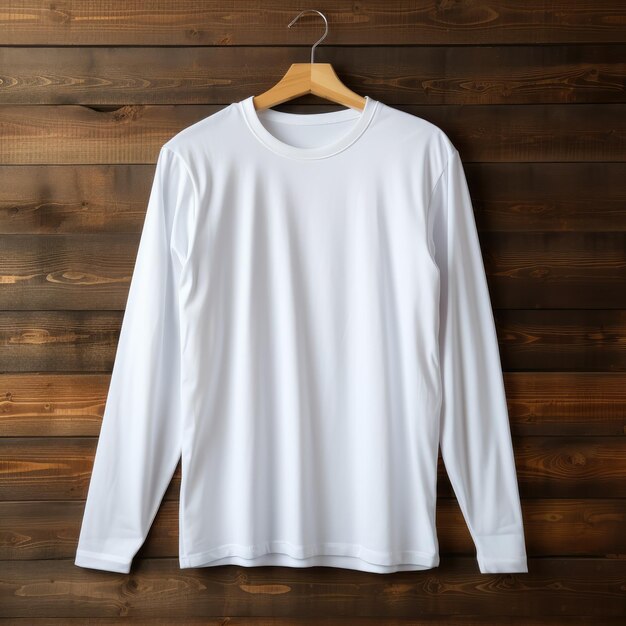 Photo plain white tshirt mockup with a hanger hanging on a wooden background ai generative