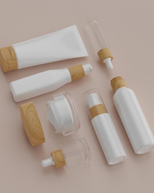 the plain white and wood packaging of a series of skincare products