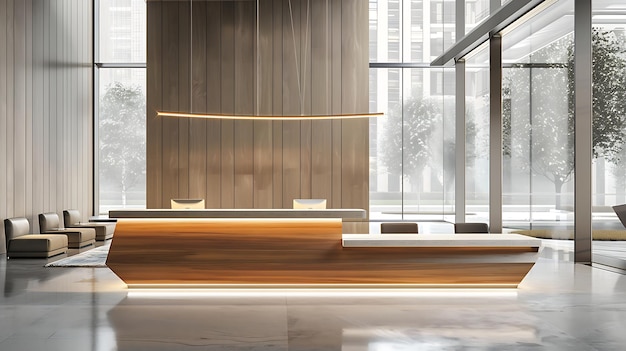 plaintext Modern reception desk in a corporate lobby minimalist design with elegant lighting