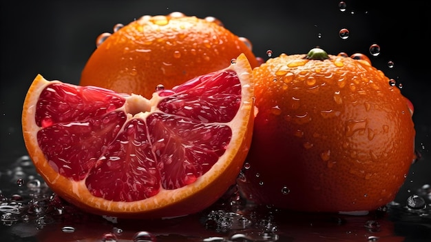 Plak en wat gele grapefruit rood van binnen met waterdruppel nat en veel water eromheen