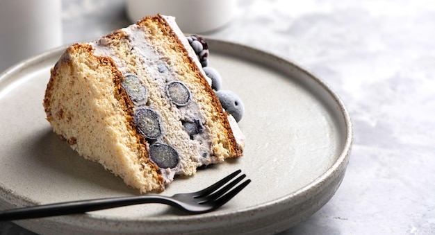 Plak van vanillekoekjescake met bosbessenroom en braambessenclose-up op een keramiekplaat op een lichtgrijze concrete achtergrond met exemplaarruimte