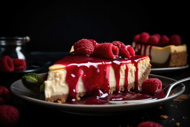 Plakje cheesecake met een scheutje frambozensaus gemaakt met generatieve ai