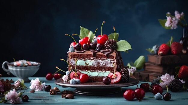 Plakje zwarte woudcake met kersen en bessengekraak