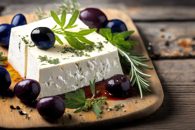 Plakjes Griekse feta kaas kalamata olijven en kruiden