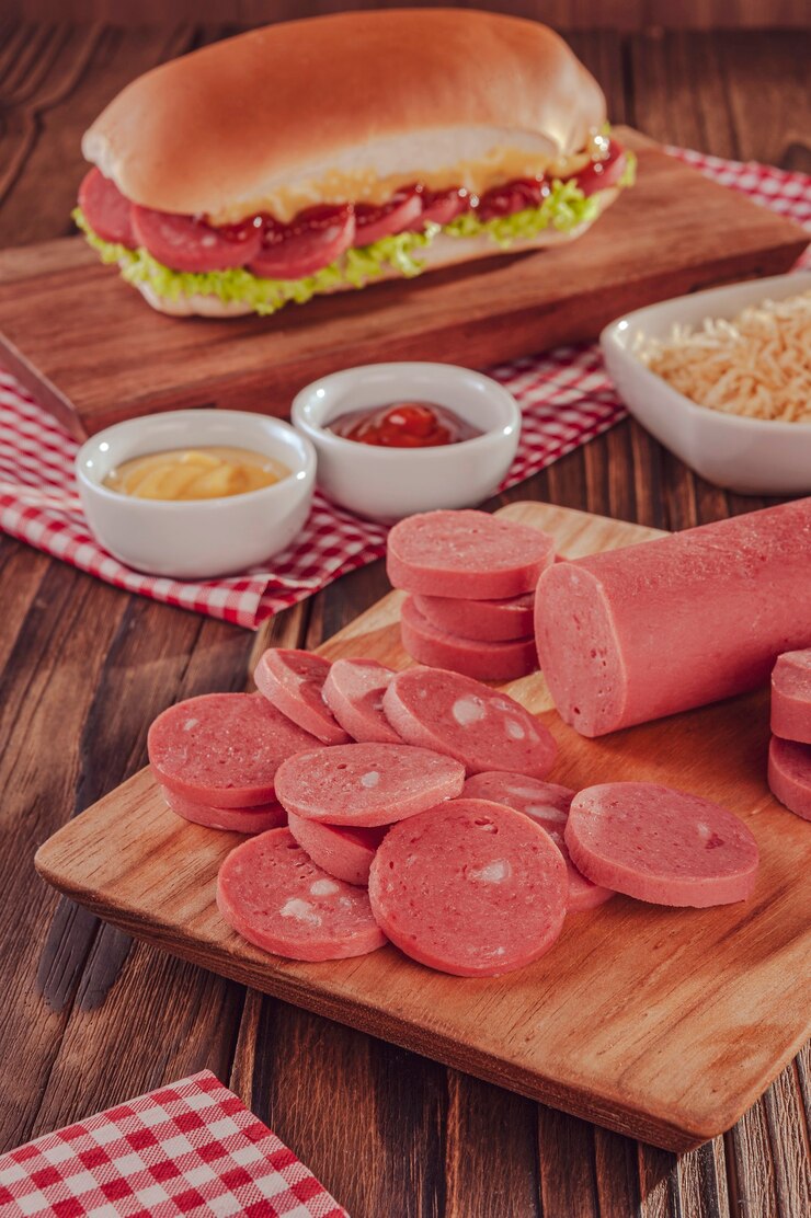 Plakjes grote worst met ketchup en mosterdsaus