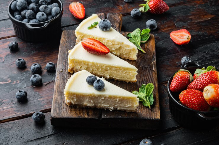 Foto plakjes klassieke new york cheesecake, op oude donkere houten tafel achtergrond
