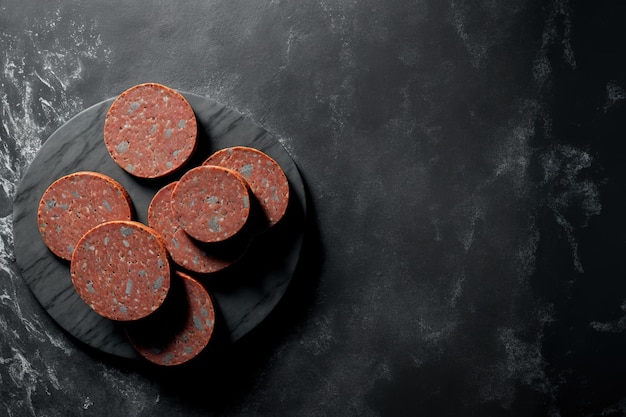 Plakjes rauwe gerookte salami worst achtergrond van grijs opzoeken van de spatiebalk