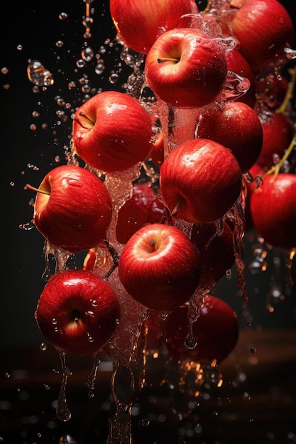 plakjes rode appels vallen op een lichtrode tafel op een donkerrode achtergrond