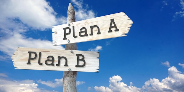 Plan A or B wooden signpost with two arrows