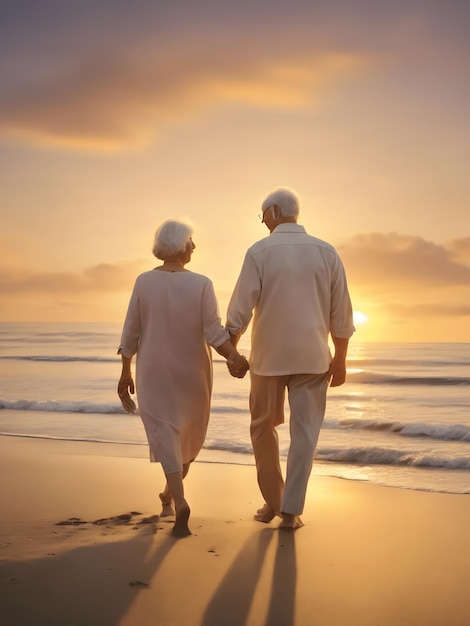 Plan levensverzekeringen van gelukkige pensioenconcepten Senior paar loopt hand in hand op het strand