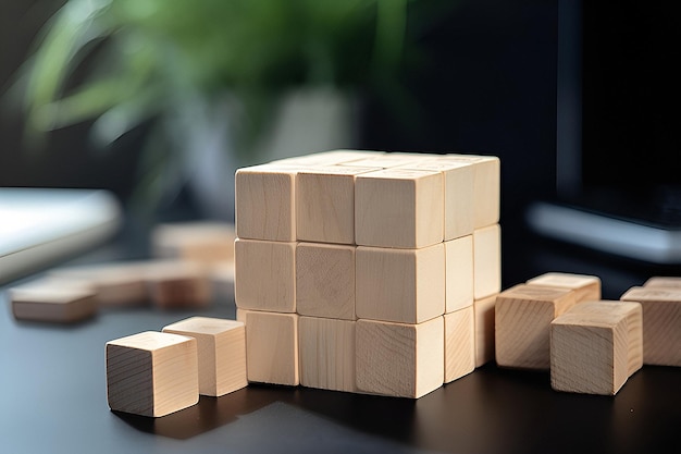 Plan and strategy in business Wooden block on the workplace Generative AI