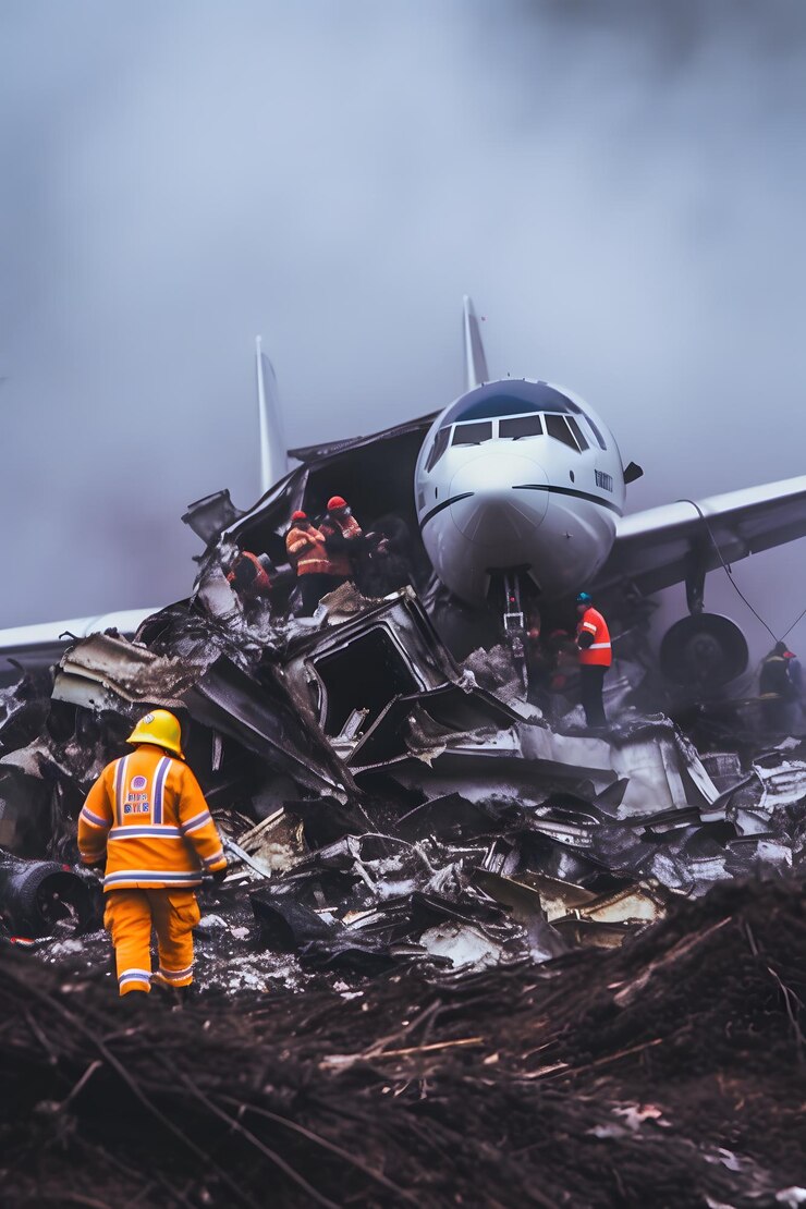 A plane accident's aftermath with rescue efforts being made by emergency personnel Generative AI