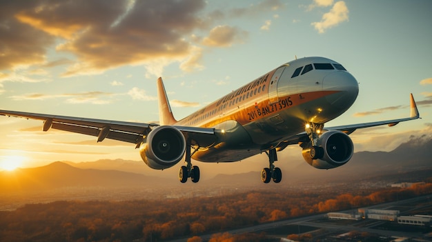 a plane in the air with it's landing gear down