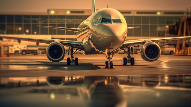 Foto aereo all'aeroporto nel pomeriggio con la luce del tramonto