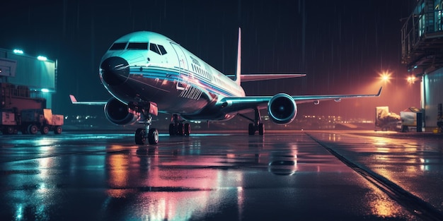 Plane on airport runway at night with cityscape glowing light background Generative AI