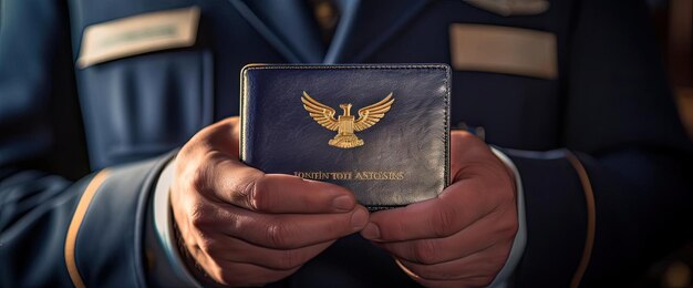 a plane captain holding a passport that has a logo on it in the style of navy and gold