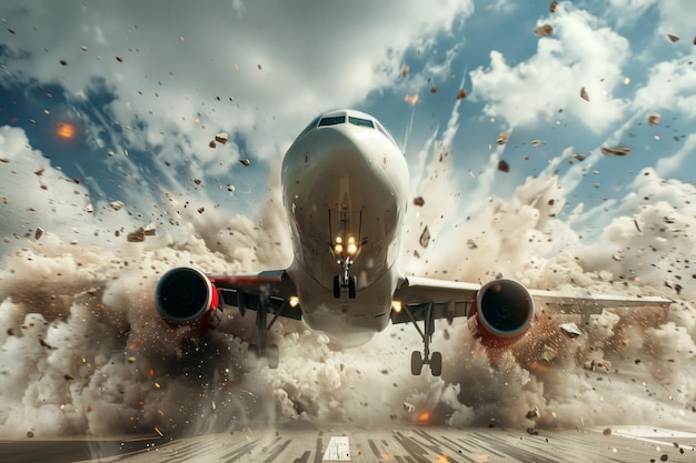 Photo plane crash airplane on runway catastrophe burning wrecks engine fire failure explosion fuel danger