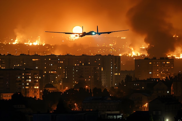 Plane drone over burning city at sunset or sunrise