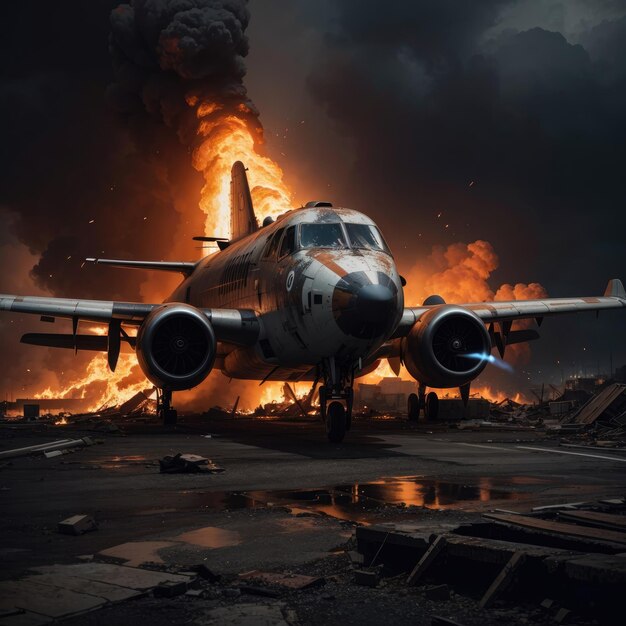 plane on fire against a dark background