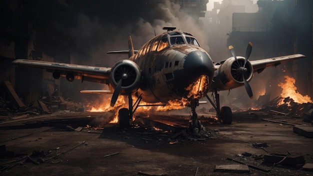 plane on fire against a dark background