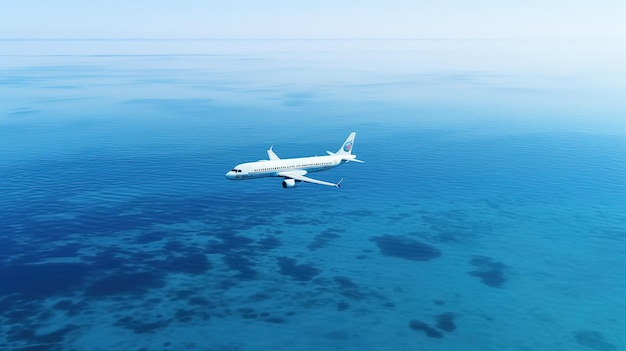 The plane flies over the blue surface of the sea Transport concept