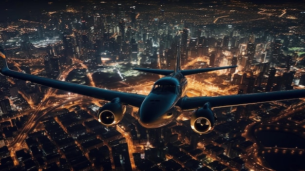 a plane flies over a city at night.