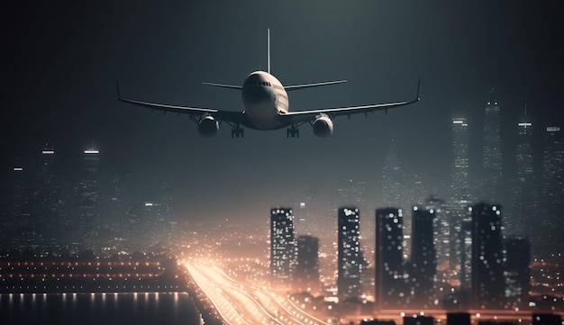 A plane flies over a city at night.