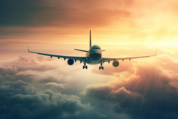 A plane flies over the clouds at sunset.