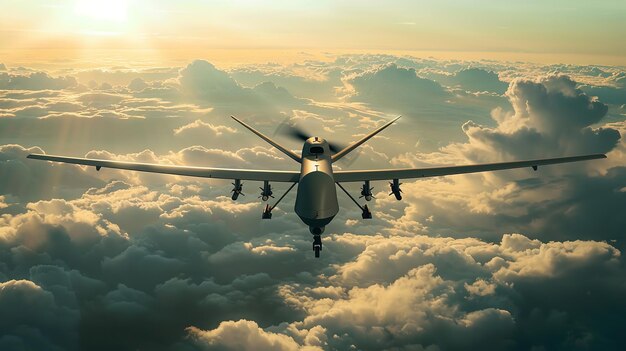 Photo a plane flies above the clouds with the sun behind it