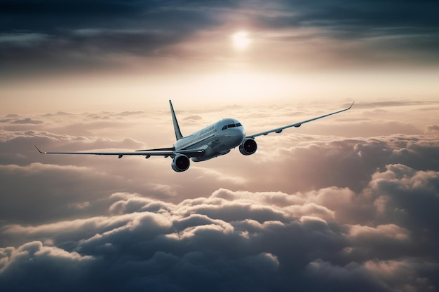 A plane flies over the clouds with the sun behind it.