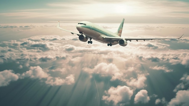 A plane flies above the clouds with the sun shining on it.