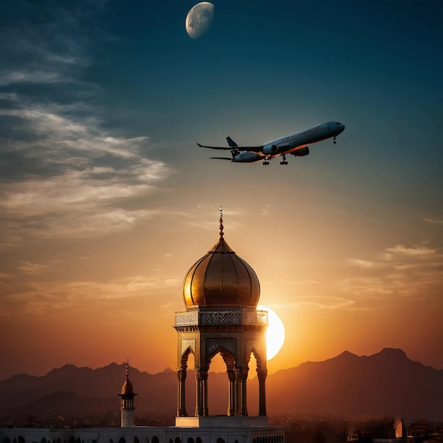 a plane flies over a mosque with a moon in the background