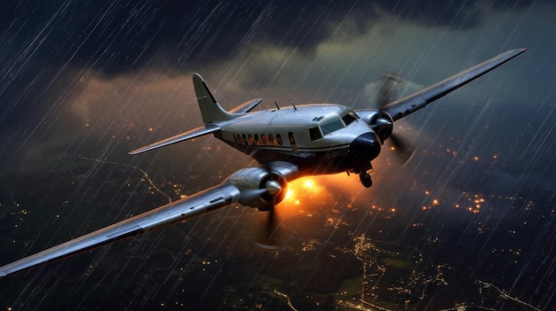 Plane flies at night in a thunderstorm Generative AI