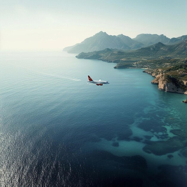 plane flies over the sea